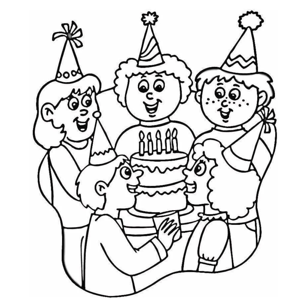 Desenho de Aniversário Com Amigos E Bolo para colorir e imprimir grátis