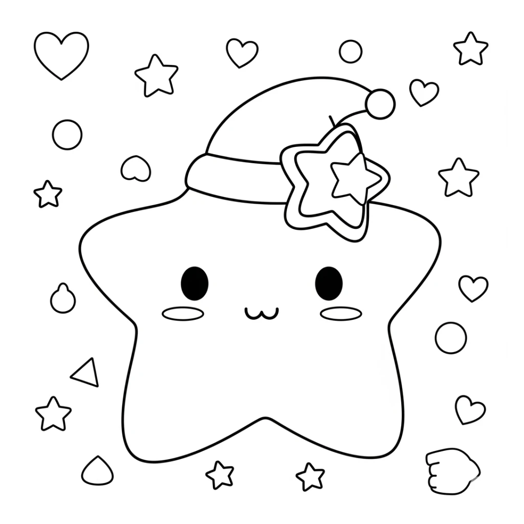 Cute Star With Santa Hat coloring page to print for free