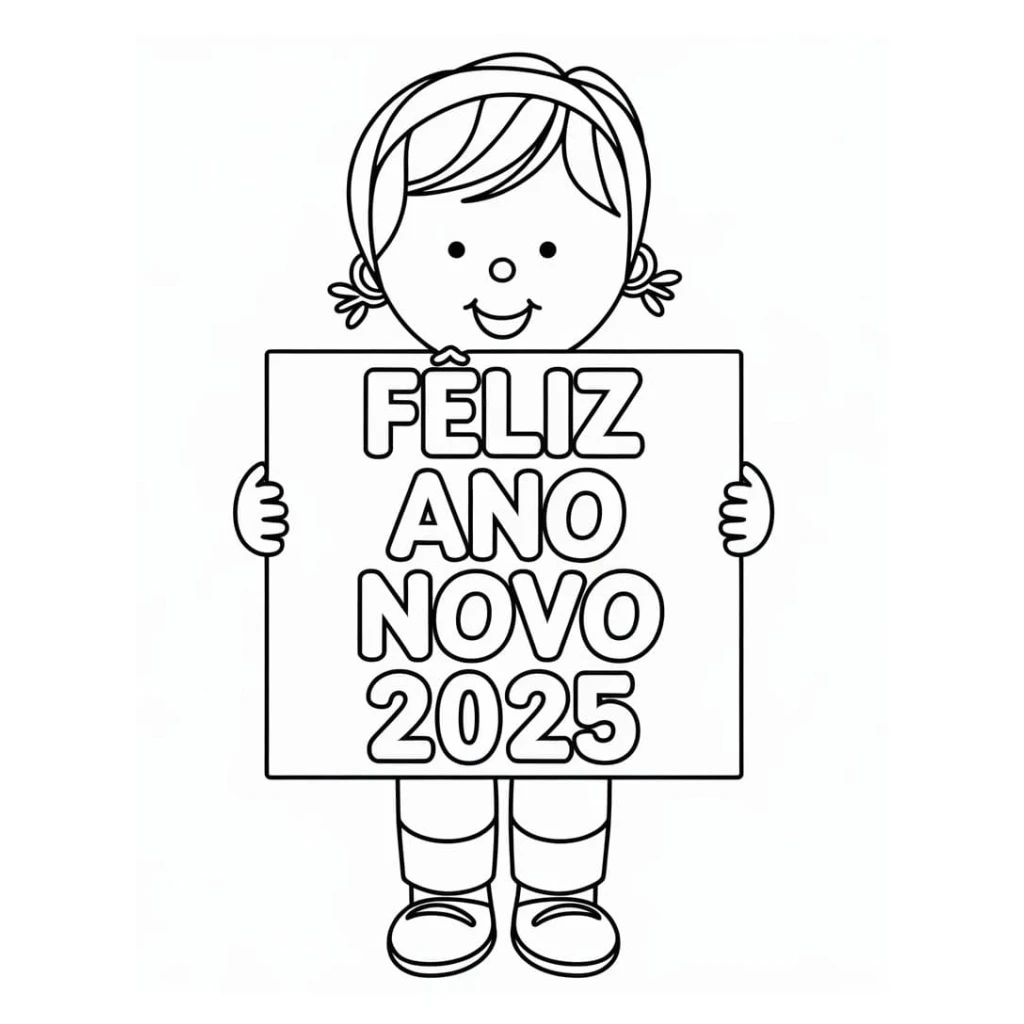 Desenho de Menina com placa Feliz Ano Novo 2025 para colorir e imprimir grátis