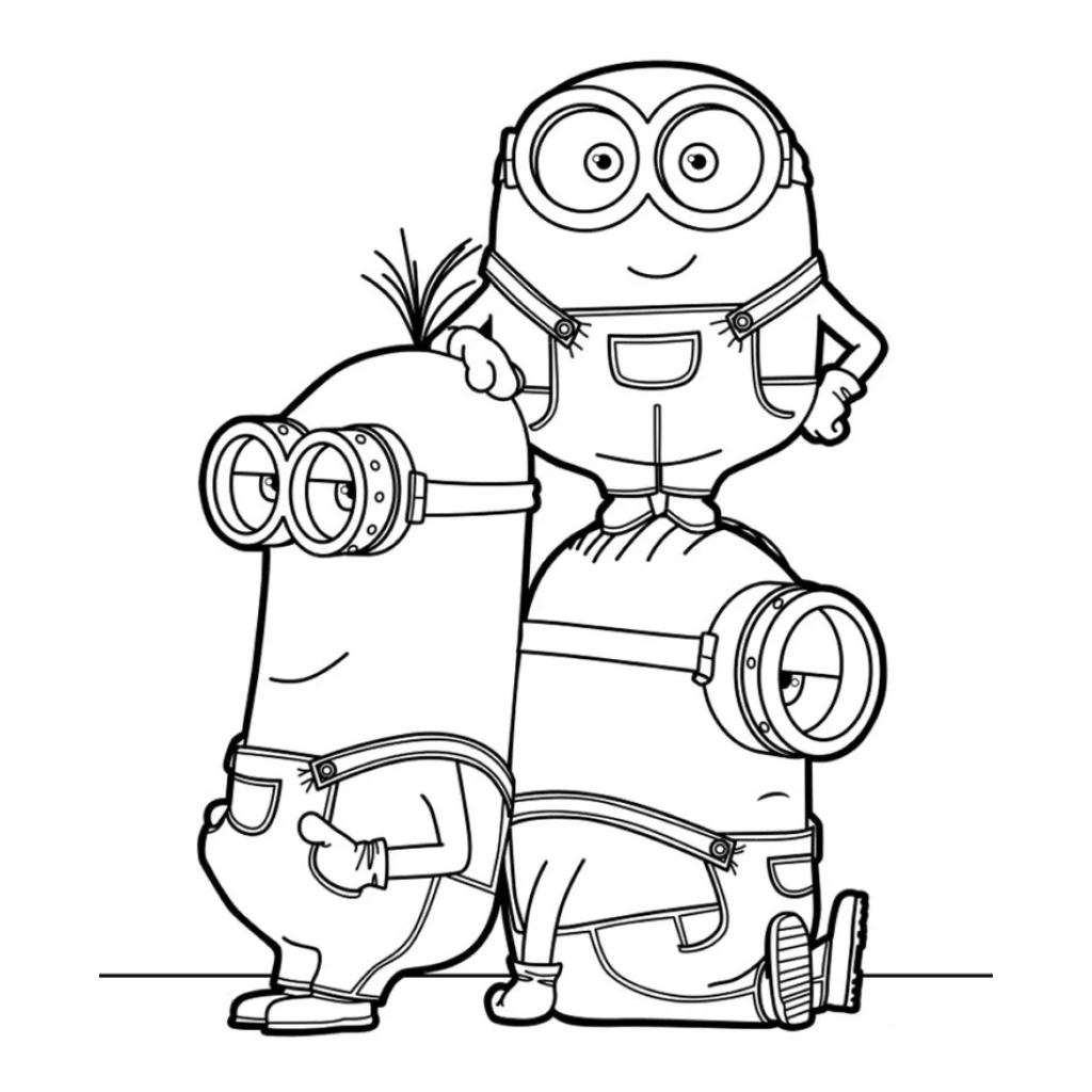 Three Minions posing for a photo coloring page to print for free