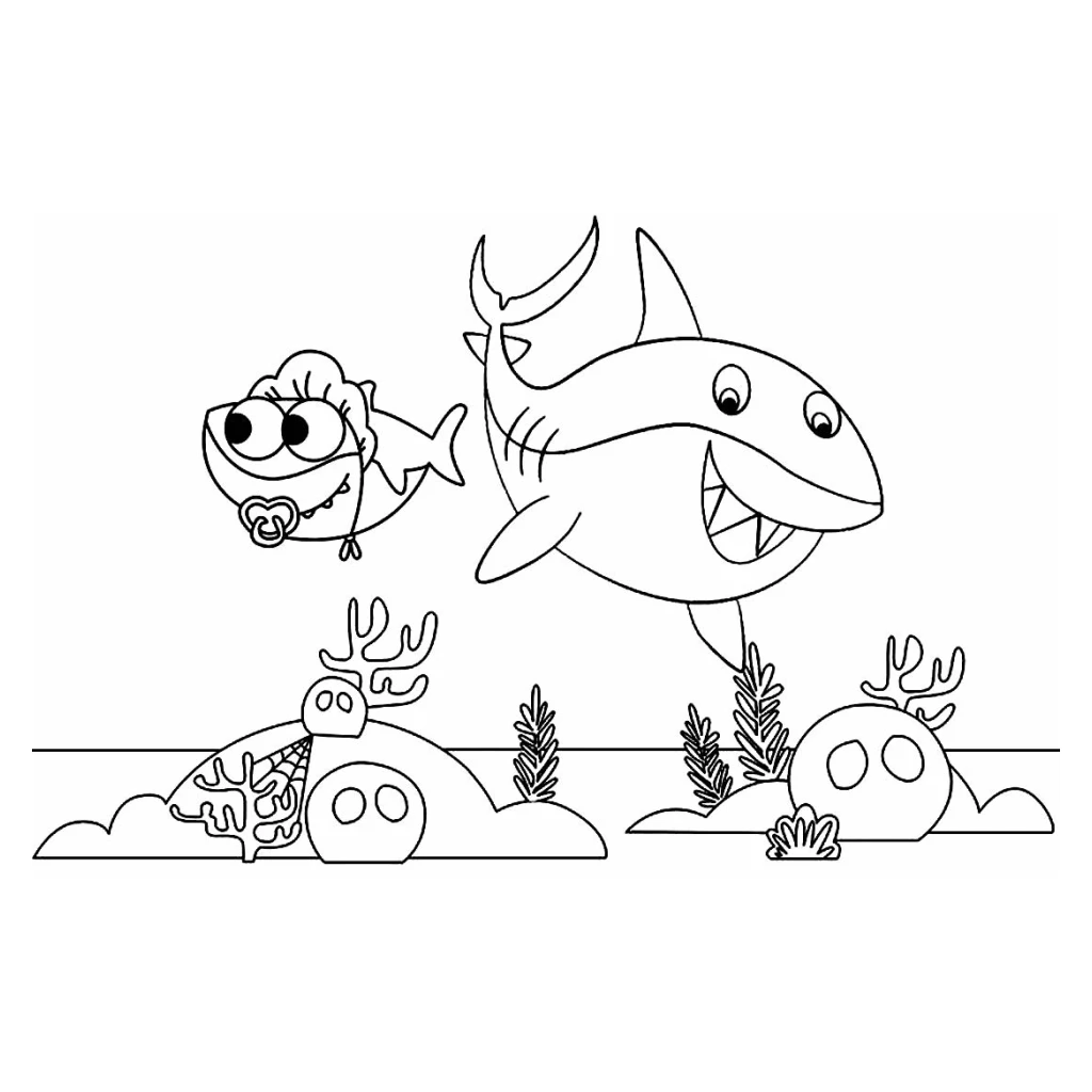 Desenho de Tubarão E Peixe no fundo do mar para colorir e imprimir grátis