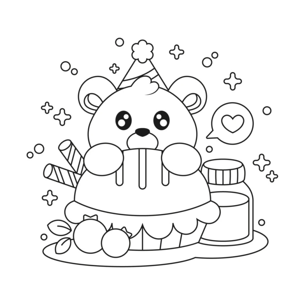 Cute Bear With Birthday Cake coloring page to print for free