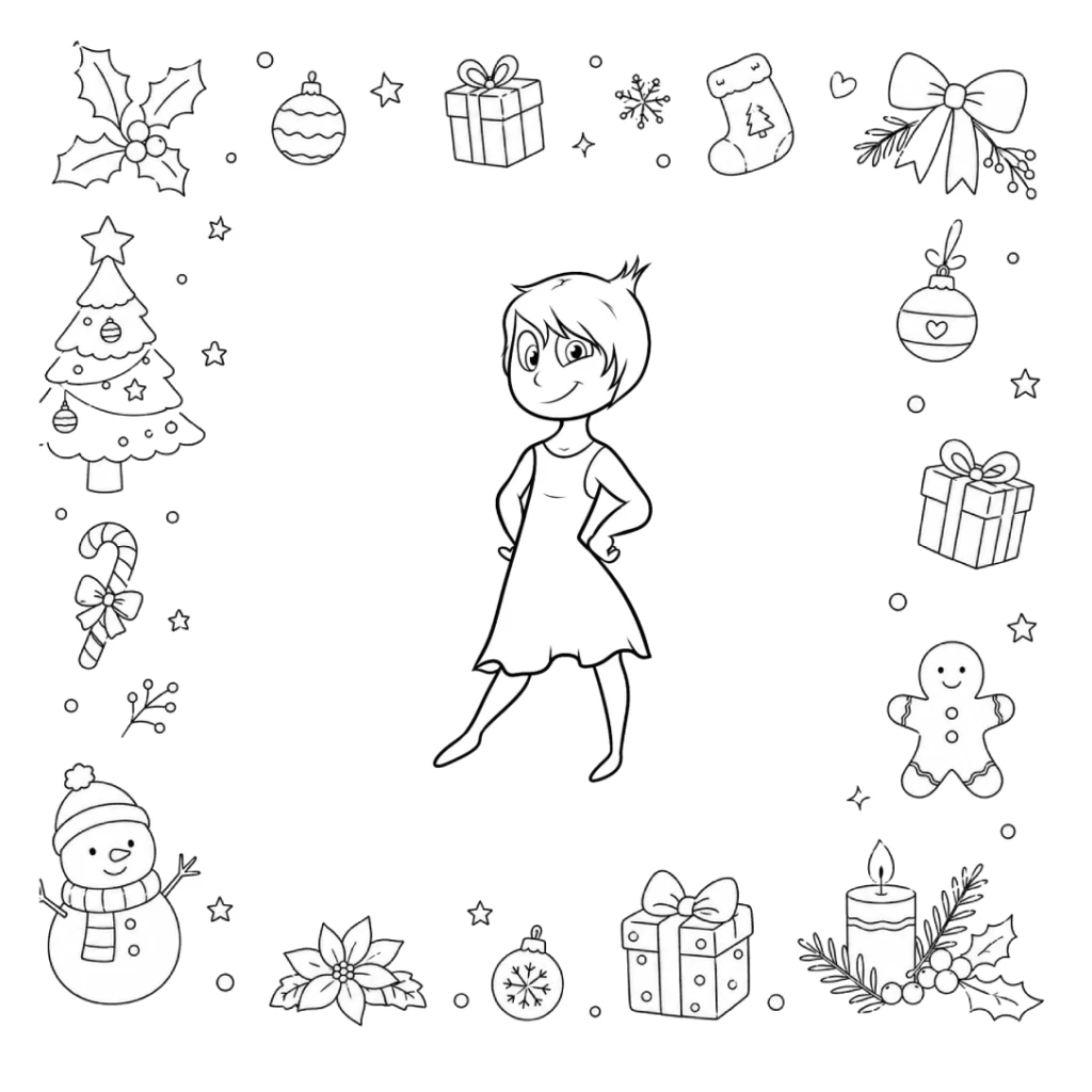 Dibujo de Alegría Divertidamente en un Escenario de Navidad para colorear e imprimir gratis