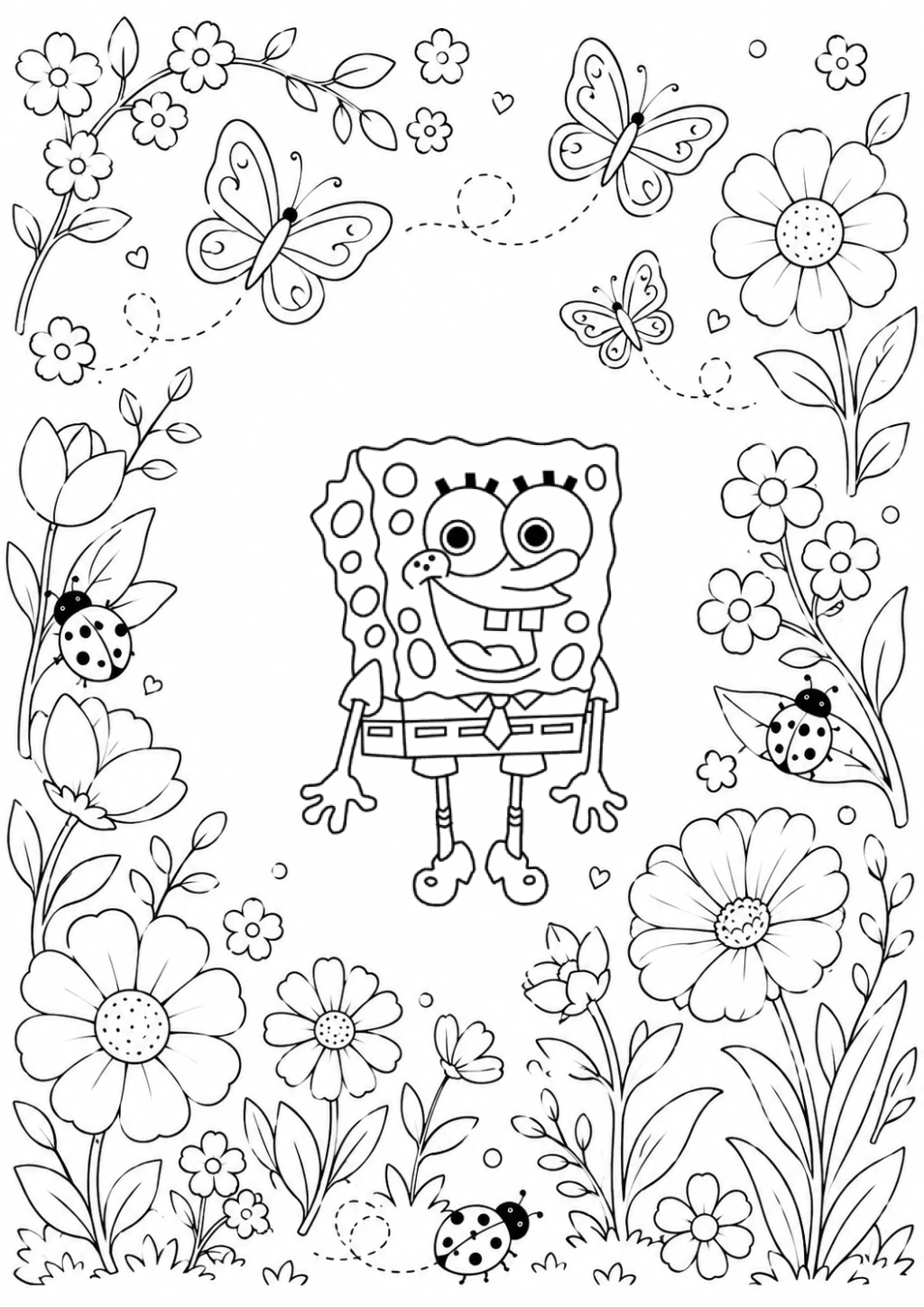 Dibujo de Bob Esponja Con Flores Y Mariposas para colorear e imprimir gratis