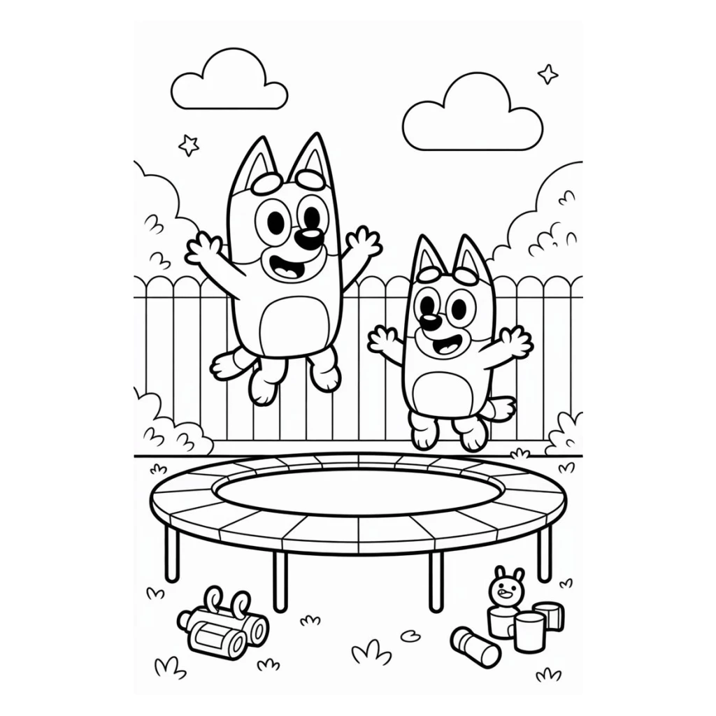Dogs Having Fun On The Trampoline coloring page to print for free