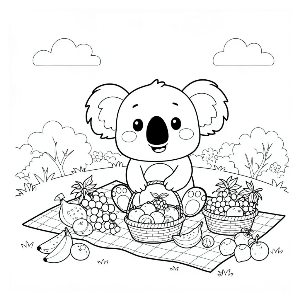 Desenho de Coala Fazendo Um Piquenique Com Frutas para colorir e imprimir grátis