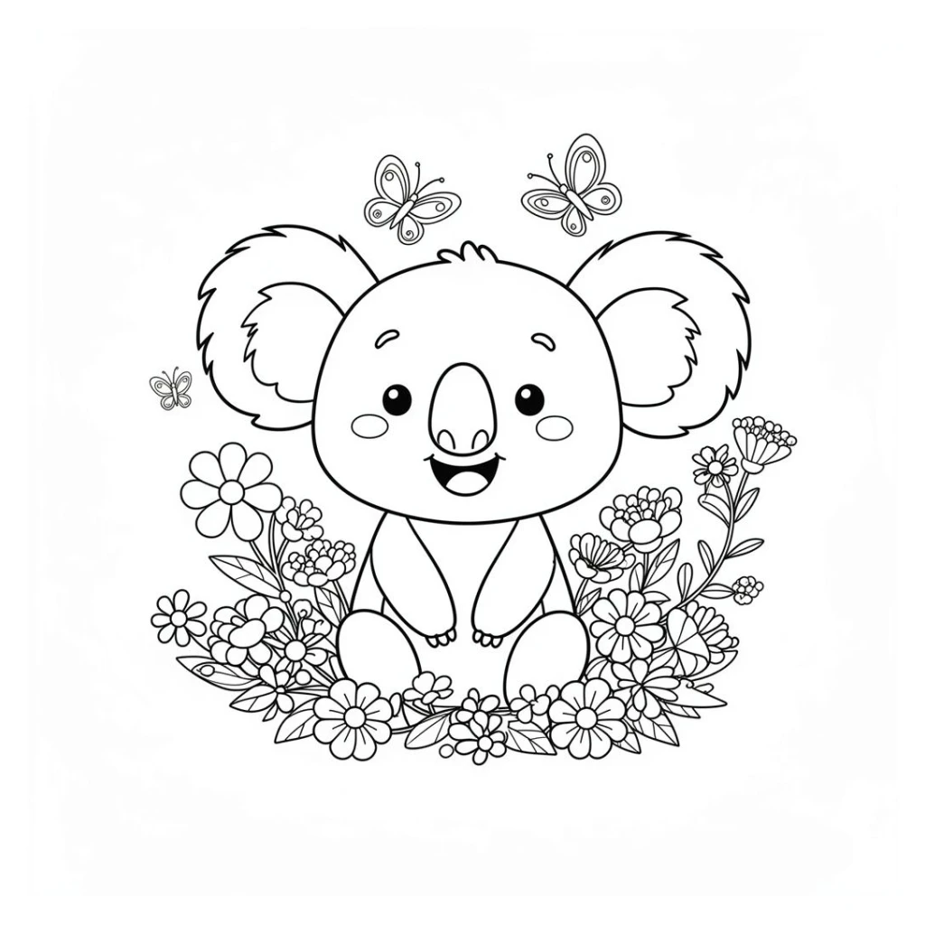 Desenho de Coala Sorridente Rodeado De Flores E Borboletas para colorir e imprimir grátis