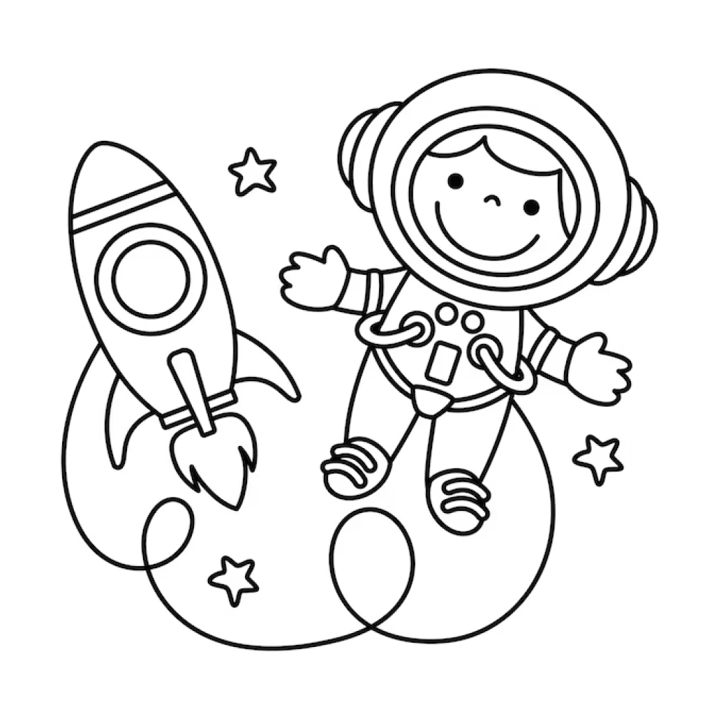 Desenho de Criança Astronauta Brincando Com Foguete para colorir e imprimir grátis