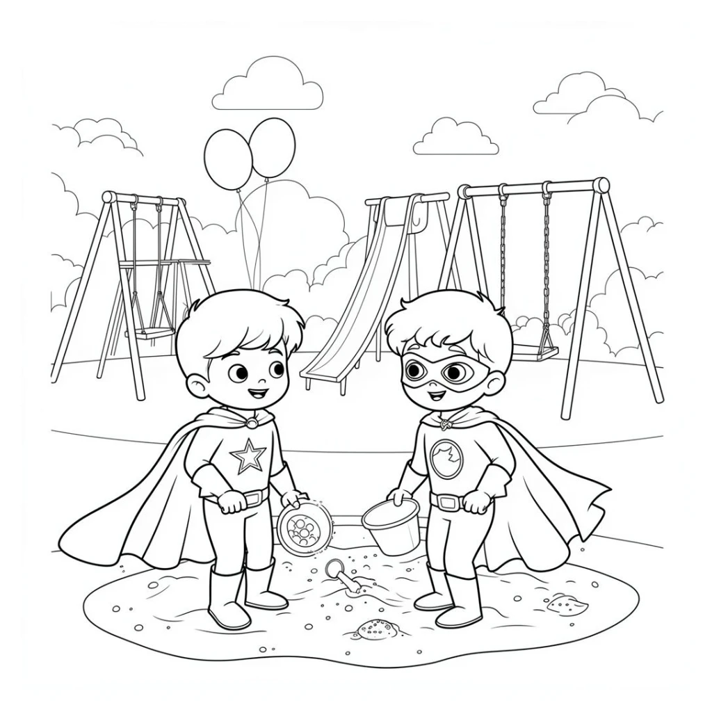 Desenho de Meninos Fantasiados De Heróis Brincando No Parquinho para colorir e imprimir grátis