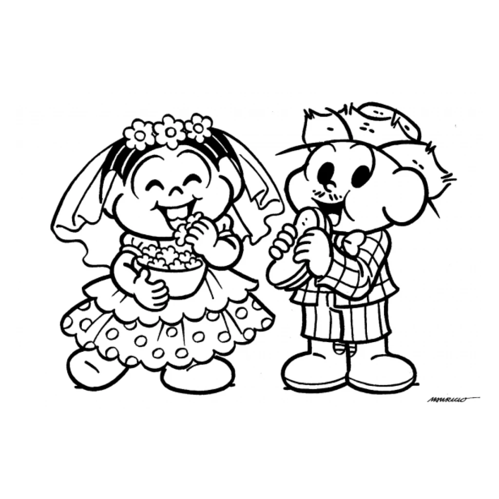 Desenho de Festa junina com Cebolinha e Mônica para colorir e imprimir grátis