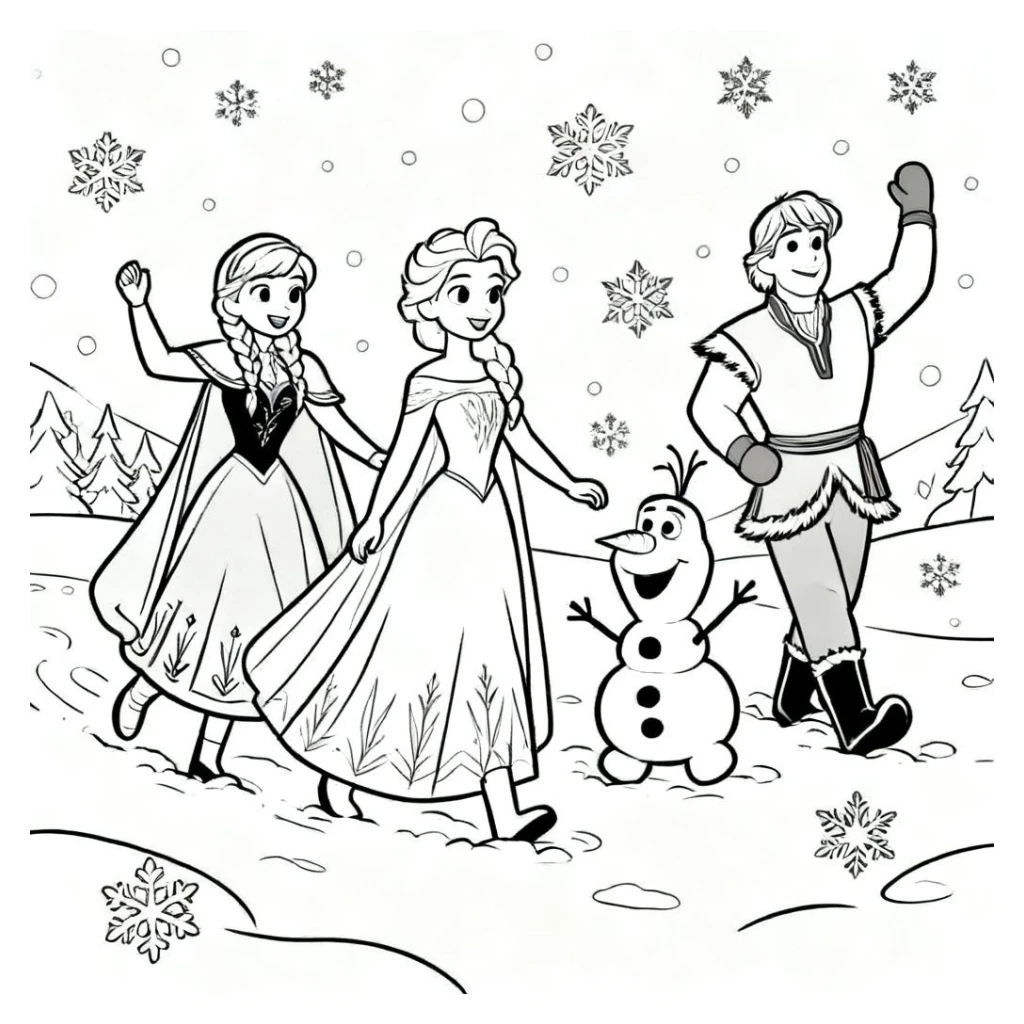Frozen With Elsa, Anna, And Olaf coloring page to print for free