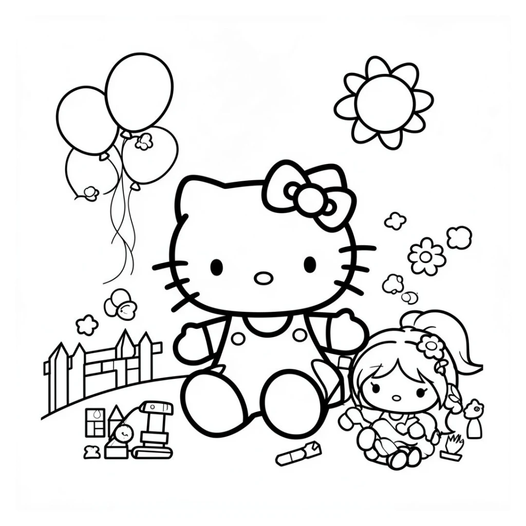 Desenho de hello kitty brincando com uma linda menina para colorir e imprimir grátis