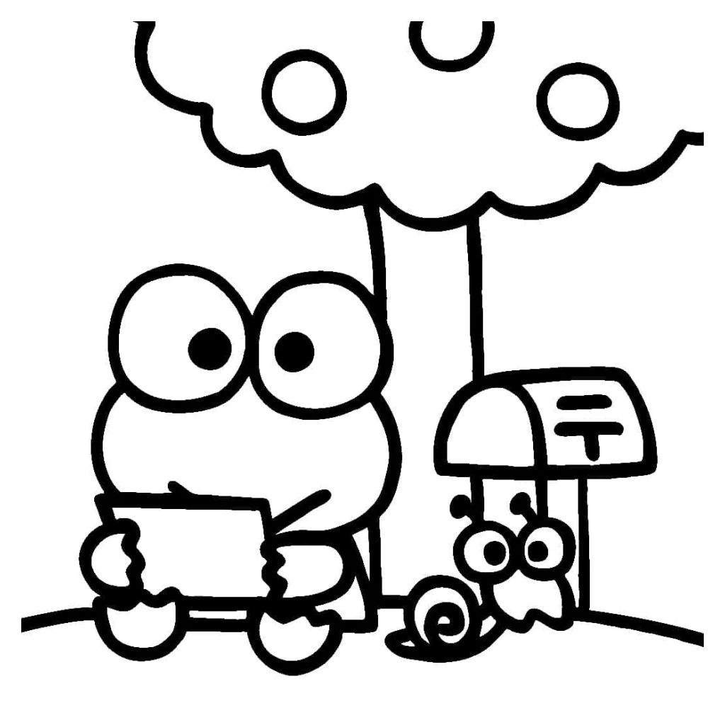 Desenho de Keroppi lendo debaixo de uma árvore para colorir e imprimir grátis
