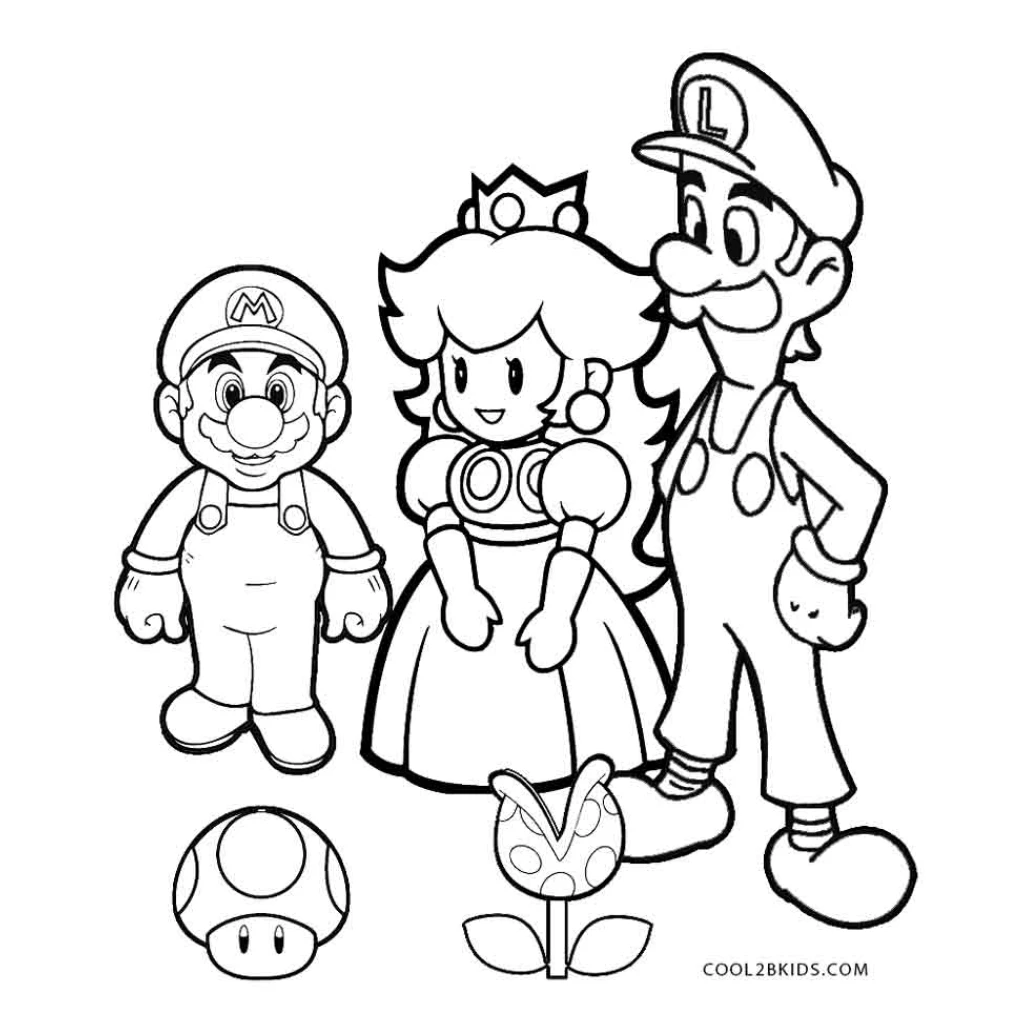 Mario with his brother Luigi and the Princess coloring page to print for free