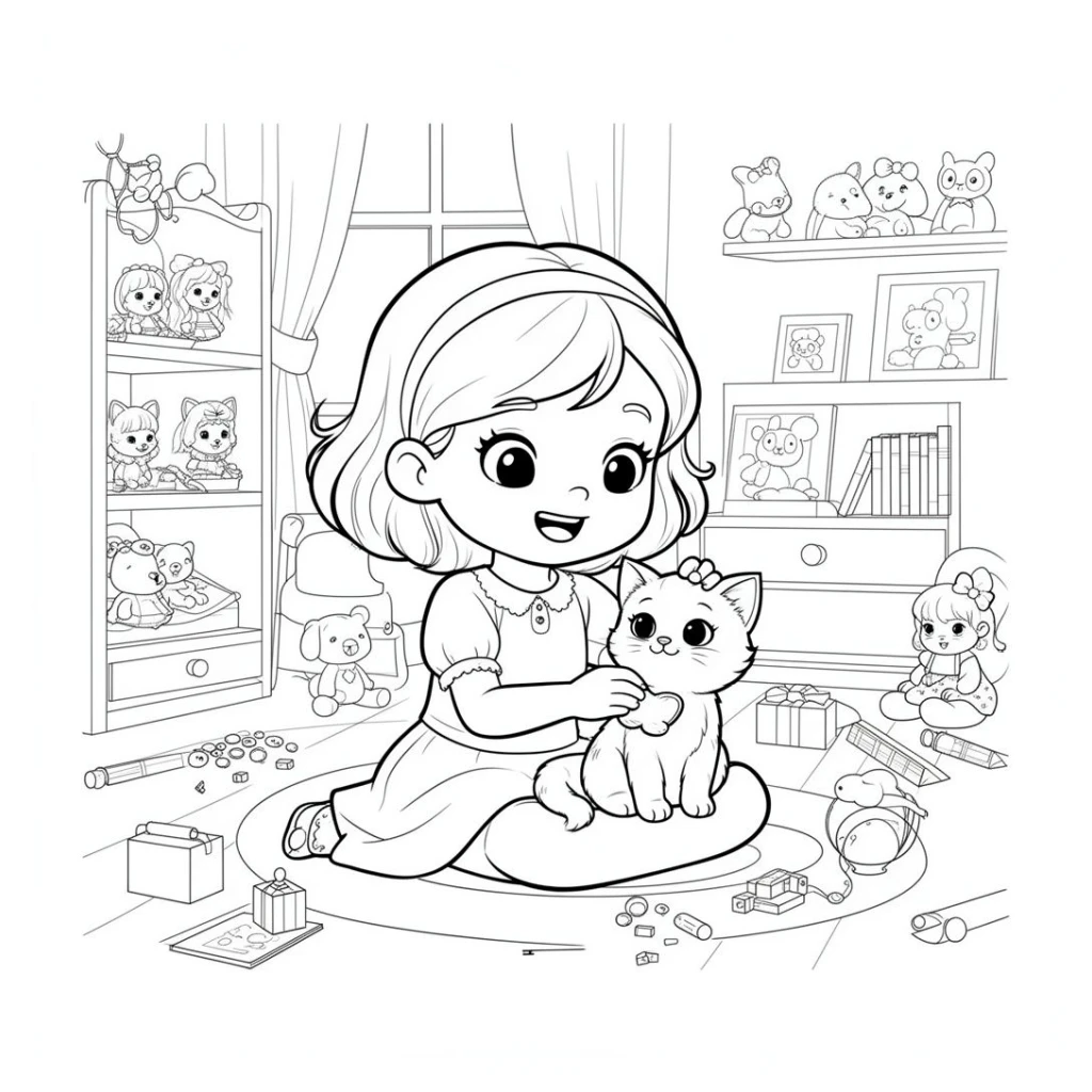 Desenho de Menina em um quarto de bonecas brincando com um gatinho fofo para colorir e imprimir grátis