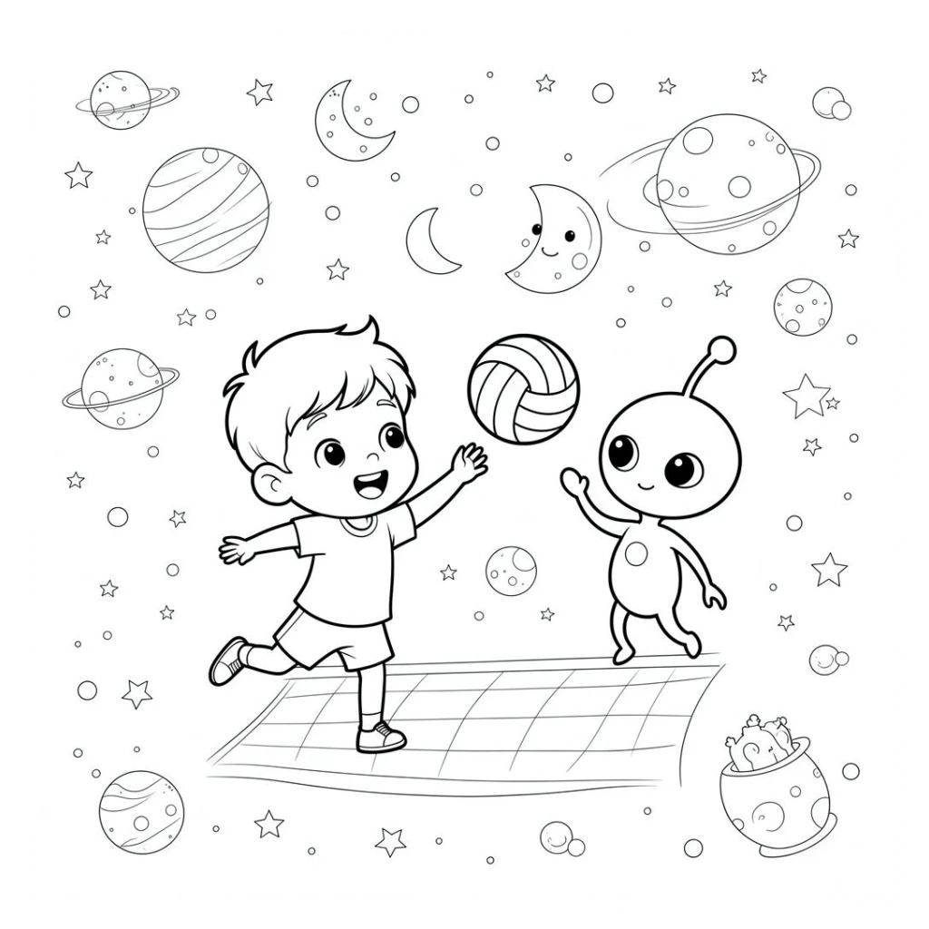 Desenho de Menino Fofo Jogando Vôlei Com Extraterrestre Na Lua para colorir e imprimir grátis
