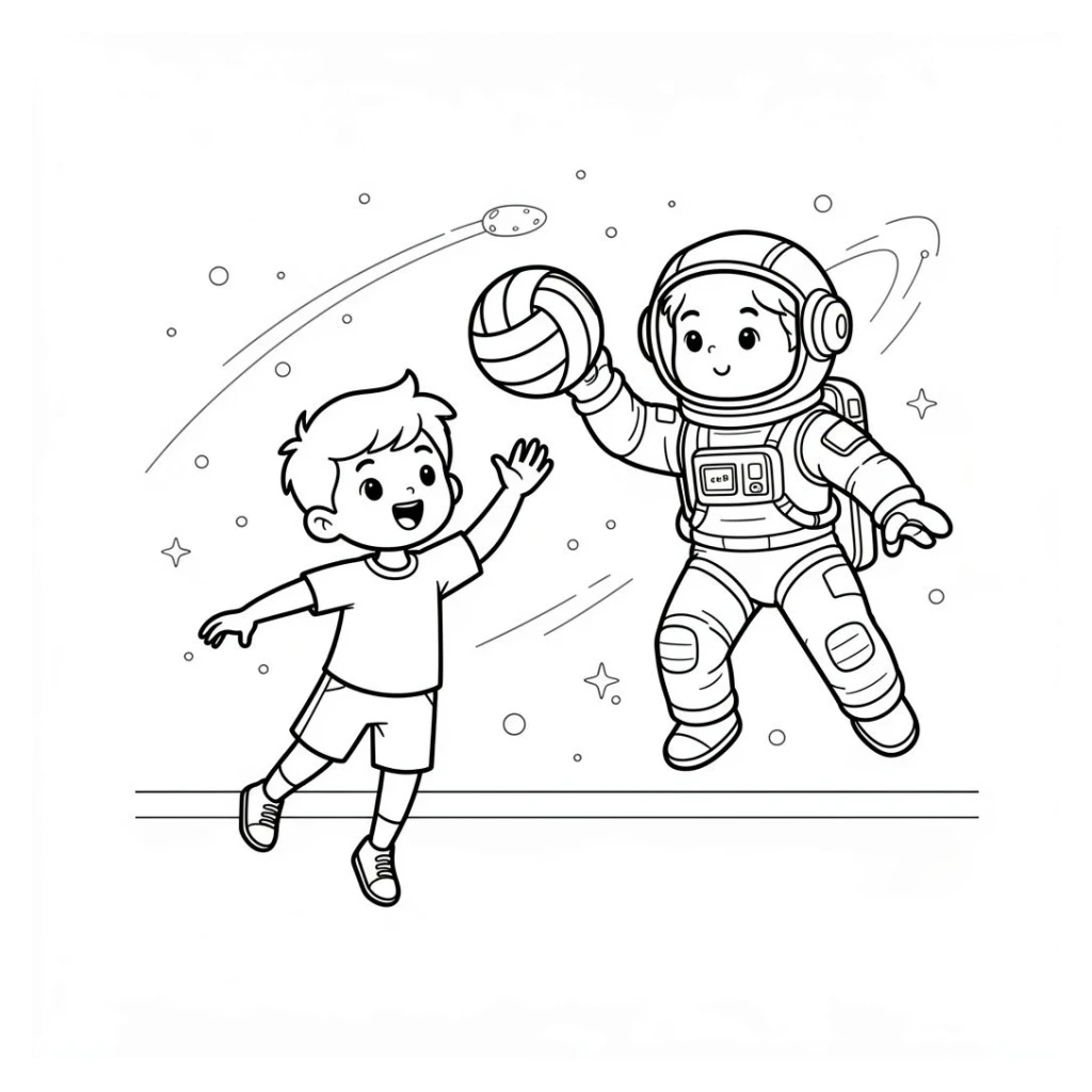 Desenho de Menino Fofo Jogando Vôlei No Espaço Com Astronauta para colorir e imprimir grátis