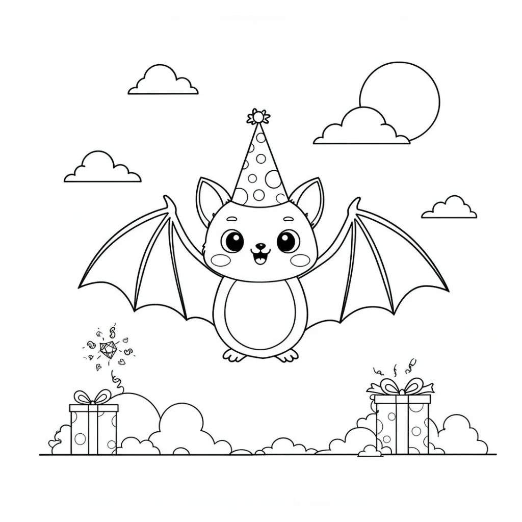 bat with a party hat coloring page to print for free