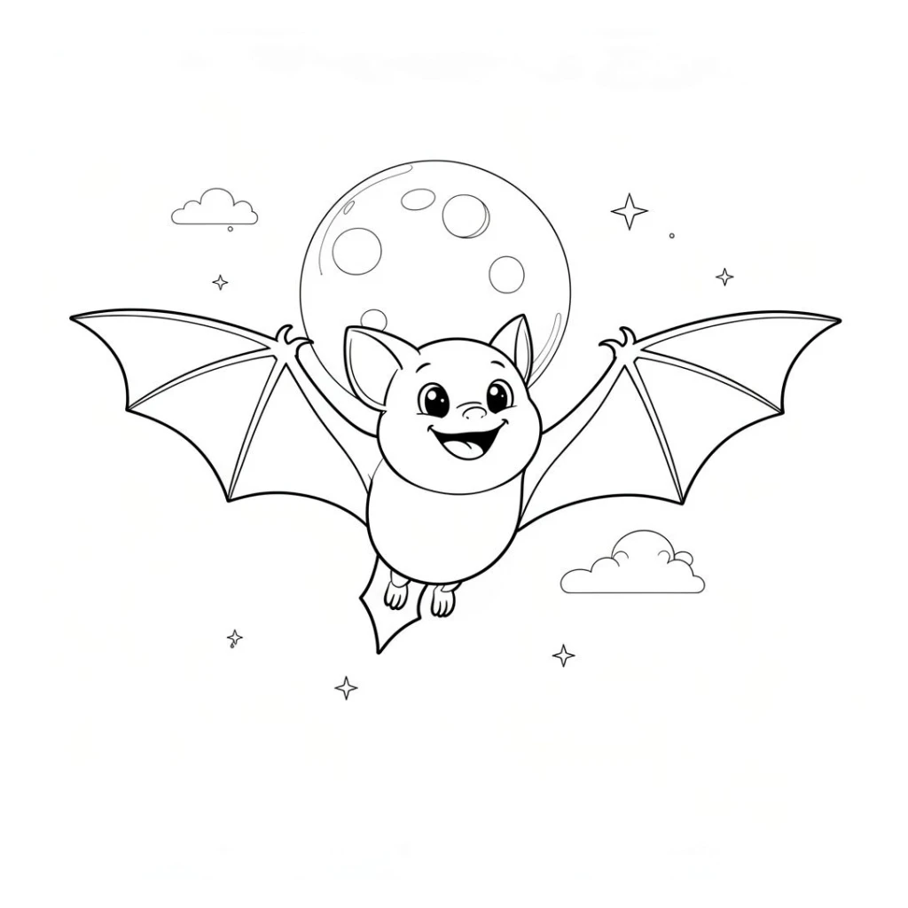 Smiling bat flying under the full moon coloring page to print for free