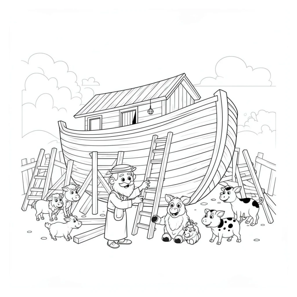 Noah Building The Ark With Animals coloring page to print for free