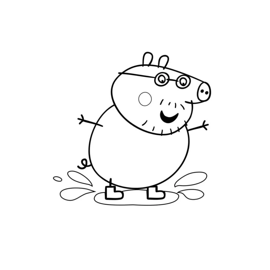 Desenho de Papai Pig brincando na poça de lama para colorir e imprimir grátis