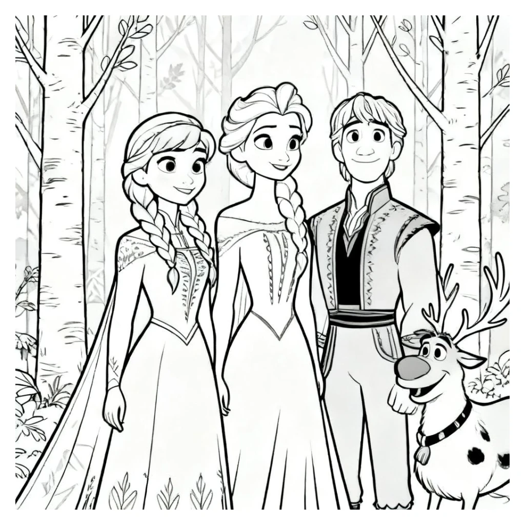 Frozen Characters in the Forest coloring page to print for free