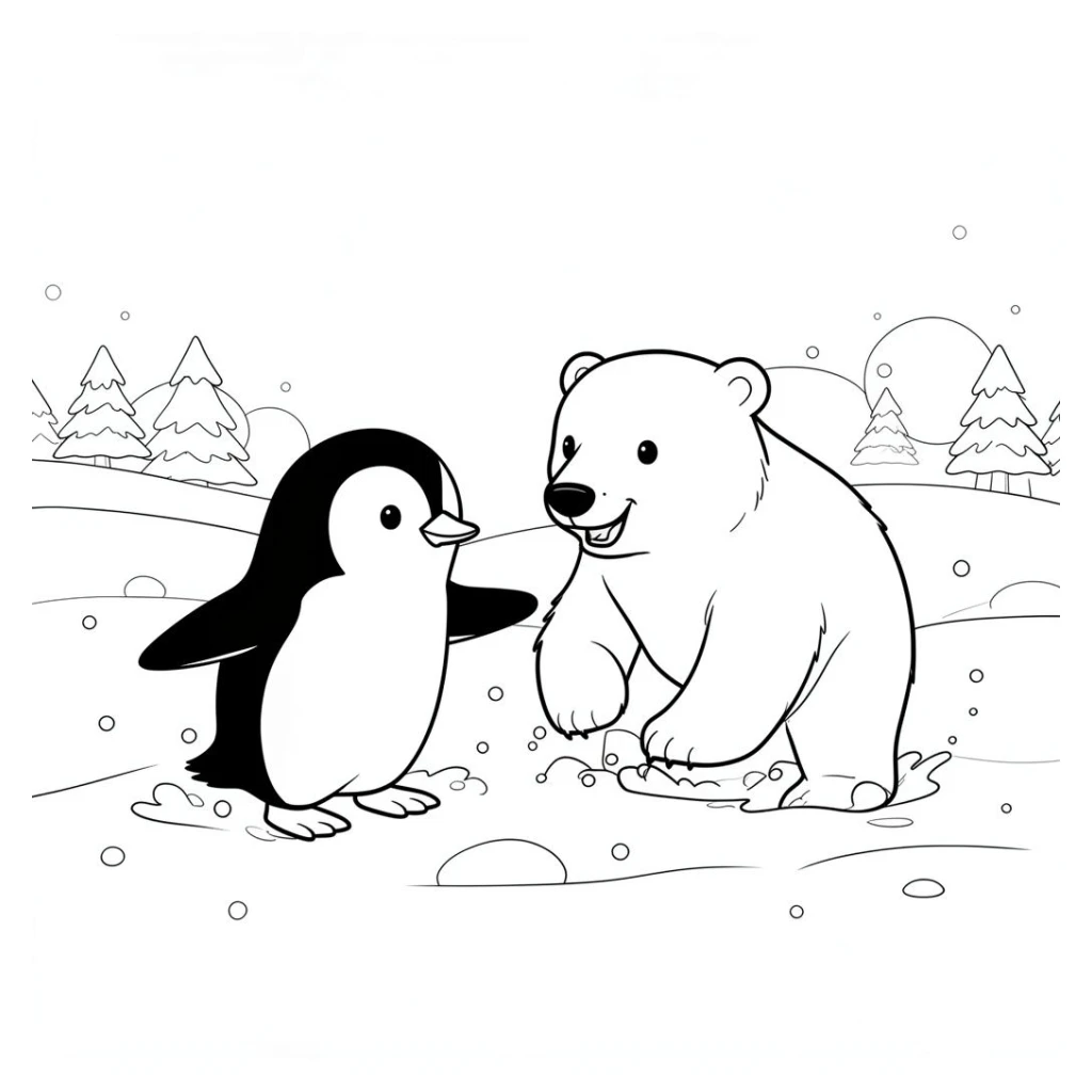 Desenho de Pinguim E Urso Polar Brincando Na Neve para colorir e imprimir grátis