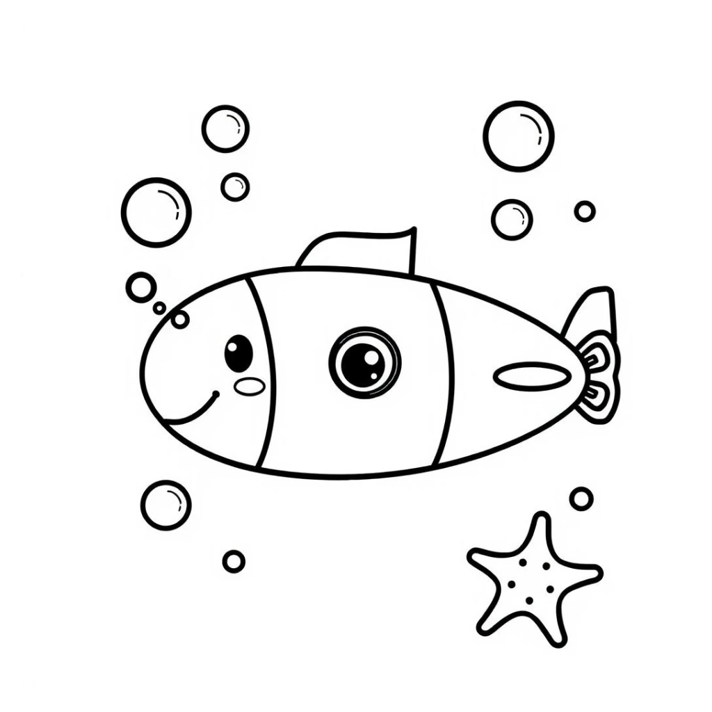 Desenho de Submarino Cercado Por Bolhas De Ar E Estrelas Do Mar para colorir e imprimir grátis