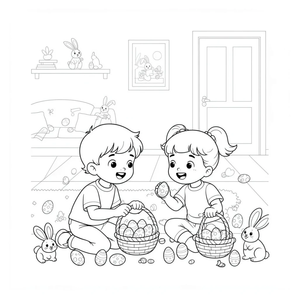 Desenho de Menino E Menina Procurando Ovos De Páscoa para colorir e imprimir grátis