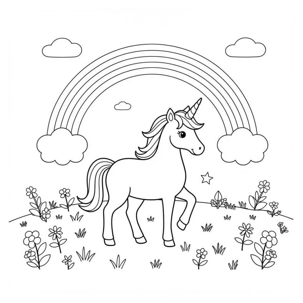 Desenho de Um unicórnio entre um arco-íris lindo no campo para colorir e imprimir grátis