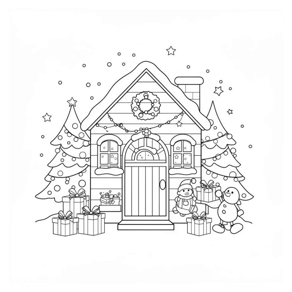 Desenho de uma casinha super decorada para o natal para colorir e imprimir grátis