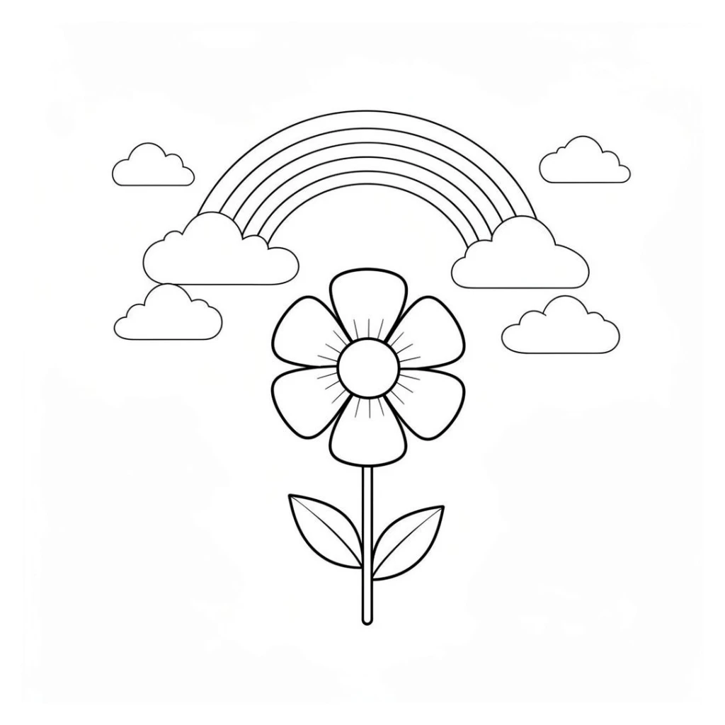 Desenho de Uma Flor Com ArcoÍris E Nuvens para colorir e imprimir grátis