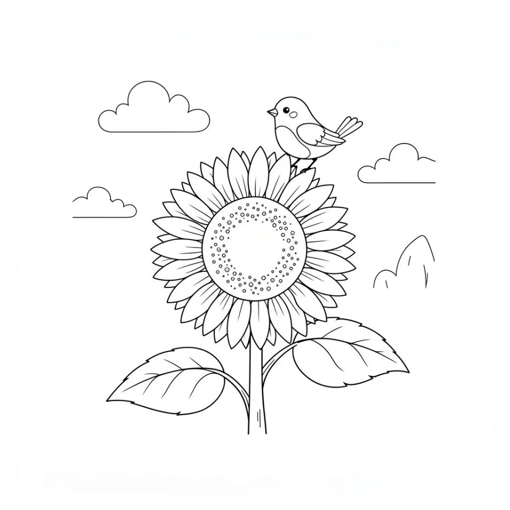 Desenho de Girassol Com Passarinho para colorir e imprimir grátis