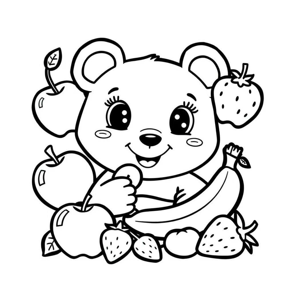 Desenho de Urso Fofo Com Frutas para colorir e imprimir grátis