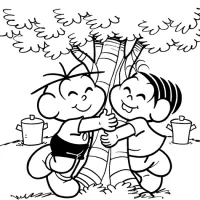 Cebolinha e Mônica Brincando Ao Redor De Uma Árvore