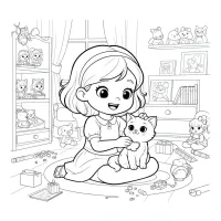 Menina em um quarto de bonecas brincando com um gatinho fofo